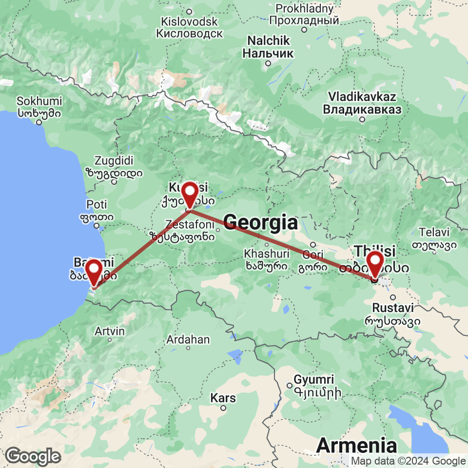 Route for Tbilisi, Kutaisi, Batumi tour